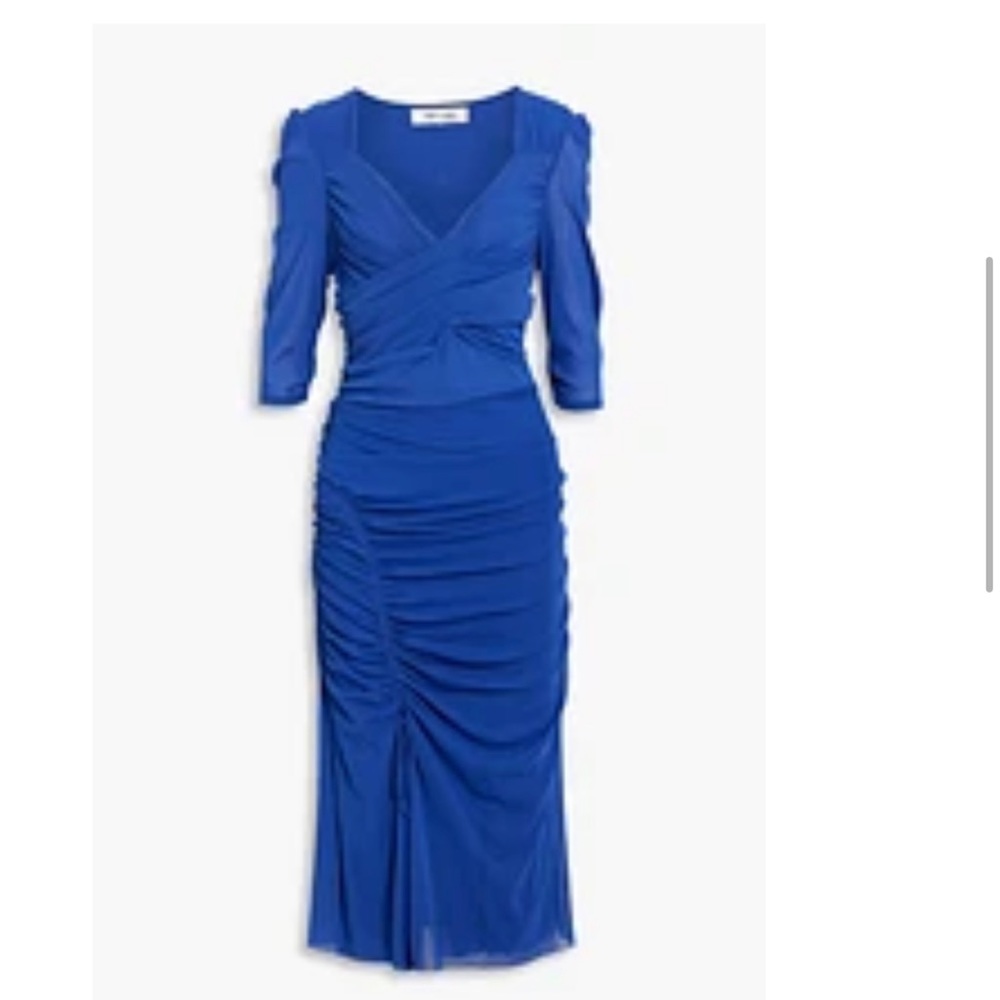 DIANE VON FURSTENBERG Larisa ruched stretch-mesh midi dress BLUE SIZE XL